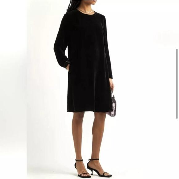 Eileen Fisher Velvet Crew Neck Dress Black Size XXS - Picture 1 of 12